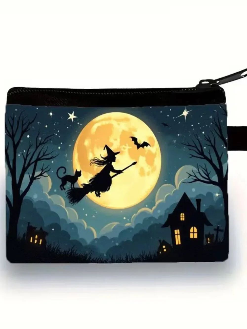 Halloween Gothic Witch w Moon & Bats Makeup Bag Double-Sided 4.1"h x 5.5"w